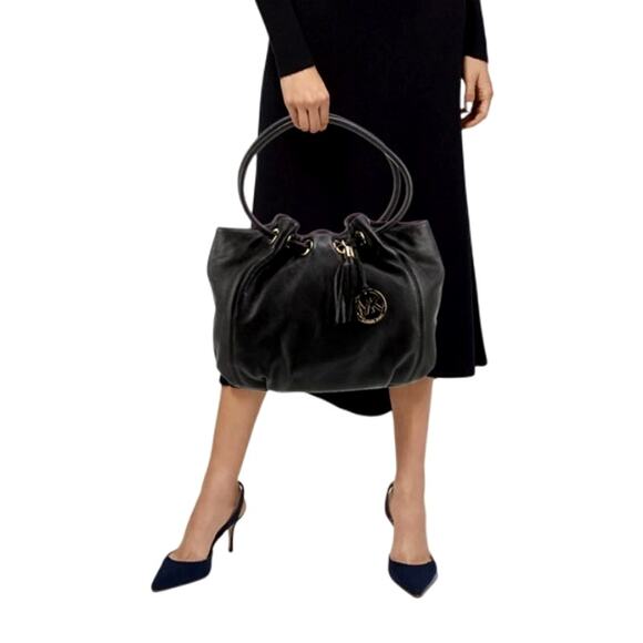 Michael Kors Black Gold-Tone Hardware Tasseled Leather Top Handle Bucket Bag - Picture 2 of 15